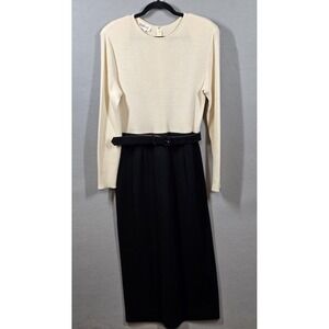 Talbots Sweater Dress Womens Large Black Colorblock Knit Belt Wool Blend Vintage